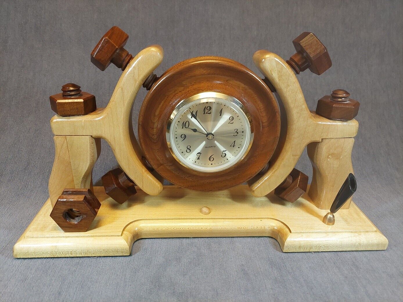 Unique Vintage Paul Boyer Hand Carved Nut & Bolt Clock Stand