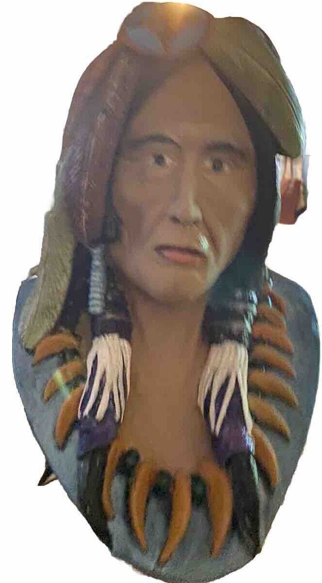 Indian Chief Hand Painted Bust Warrior Cochise W/ Full Bear Claw Necklace