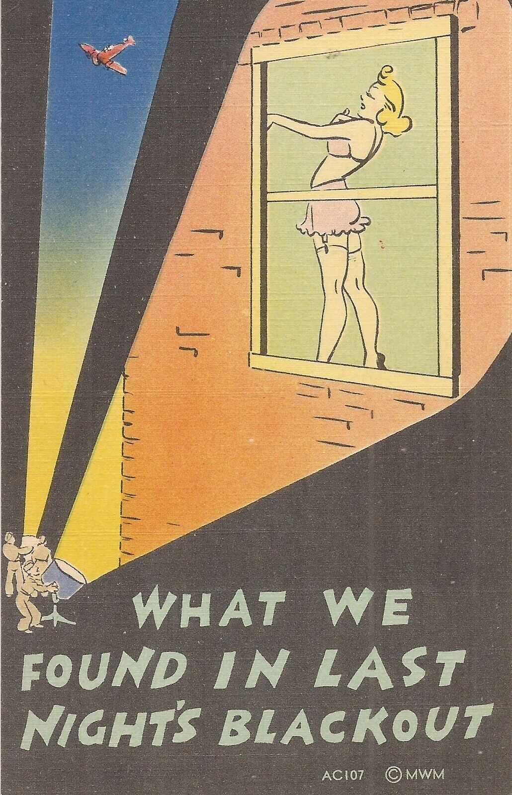 RISQUE COMIC - WWII Searchlight Revelation - Lady in Underwear