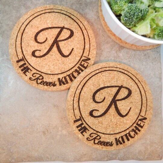 Personalized cork hot pads trivets.  custom engraved set of two good vibes