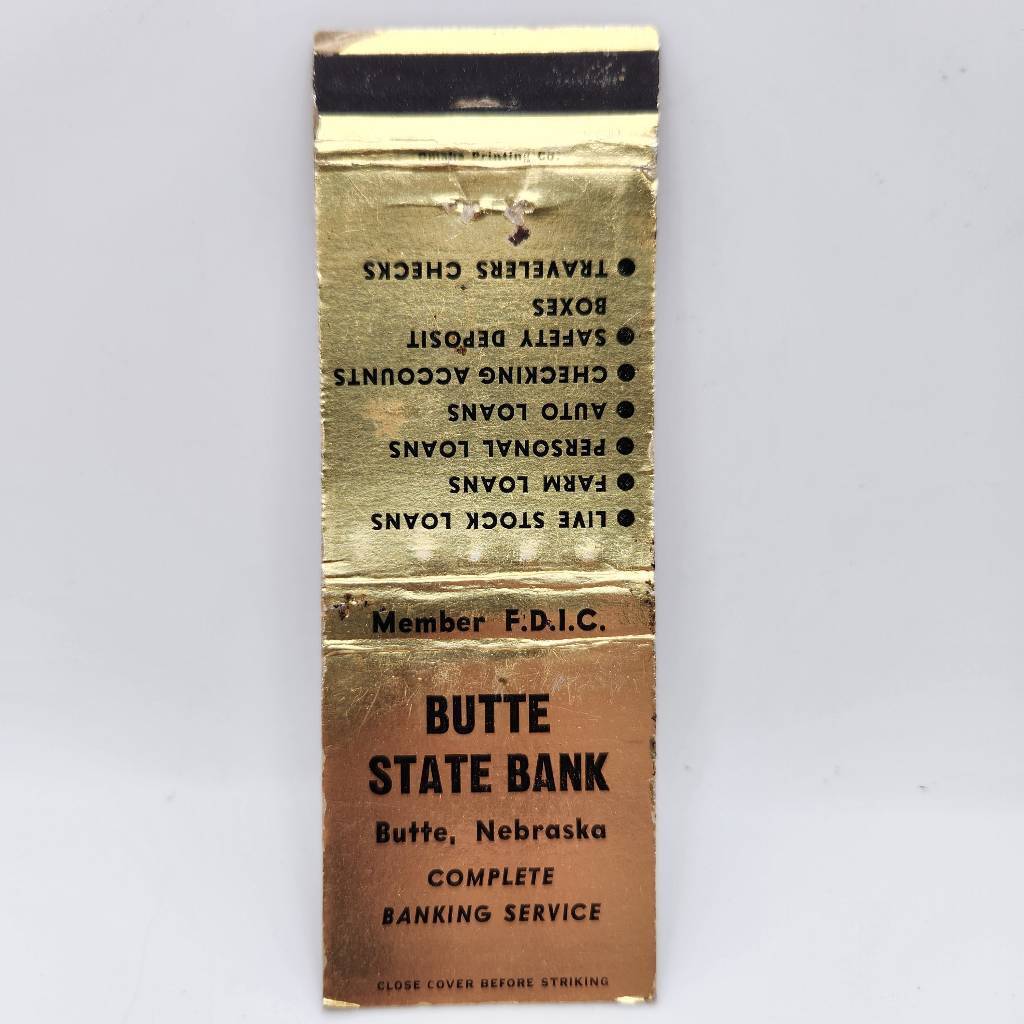 Vintage Matchcover Butte State Bank Butte Nebraska
