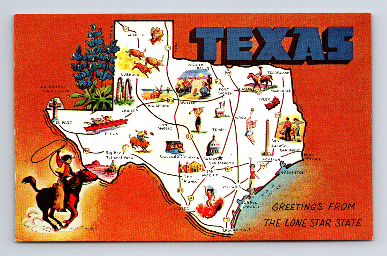 Pictorial Map by Artist Joan Conrad Cowboy Greetings From Texas TX Postcard