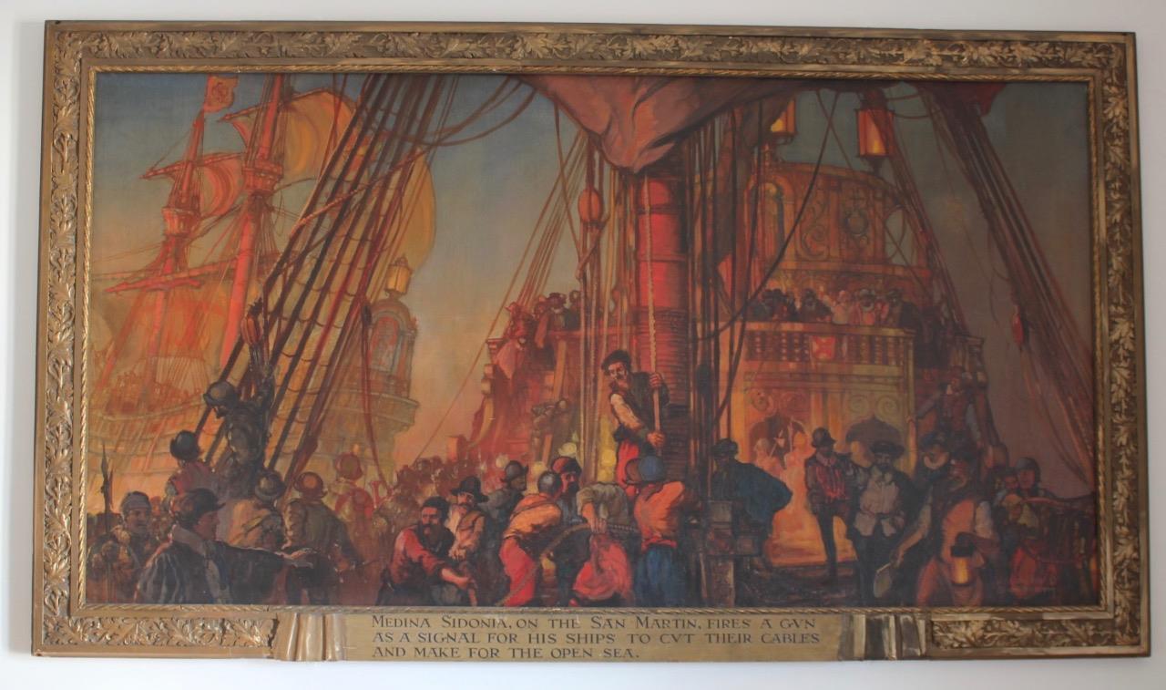 KENNETH D SHOESMITH MONUMENTAL DRAKES DEFEAT OF SPANISH ARMADA MURAL OIL CANVAS