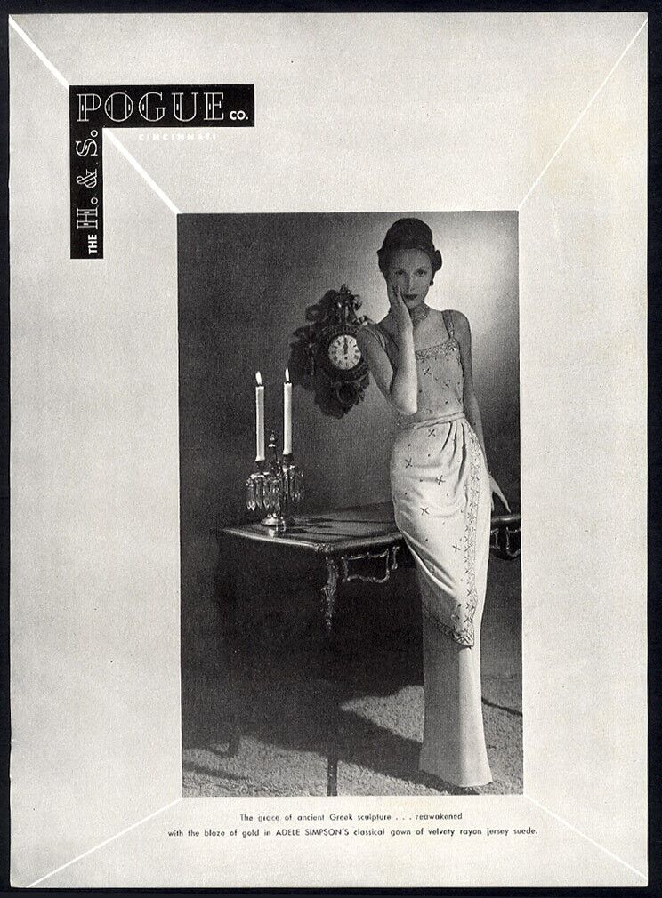 ADELE SIMPSON 1946 Fashion Ad EVENING GOWN Greek Inspired H S POGUE Cincinnati