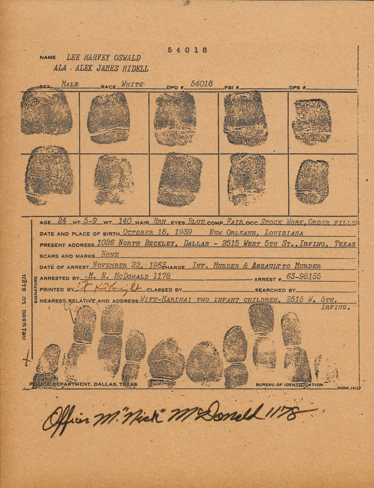 Lee Harvey Oswald Fingerprint Booking Sheet Reprint On Original 1963 Paper *084
