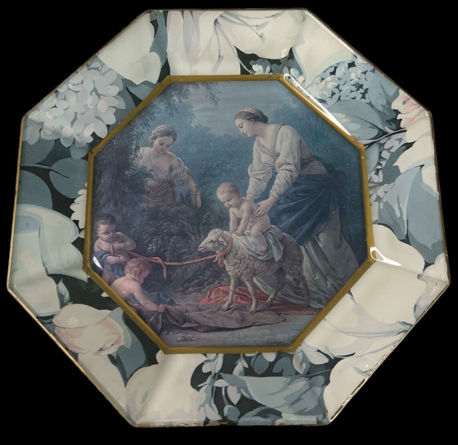 DURWIN RICE Artist signed Glass Decoupage Holy Family  Octagon 7.25\