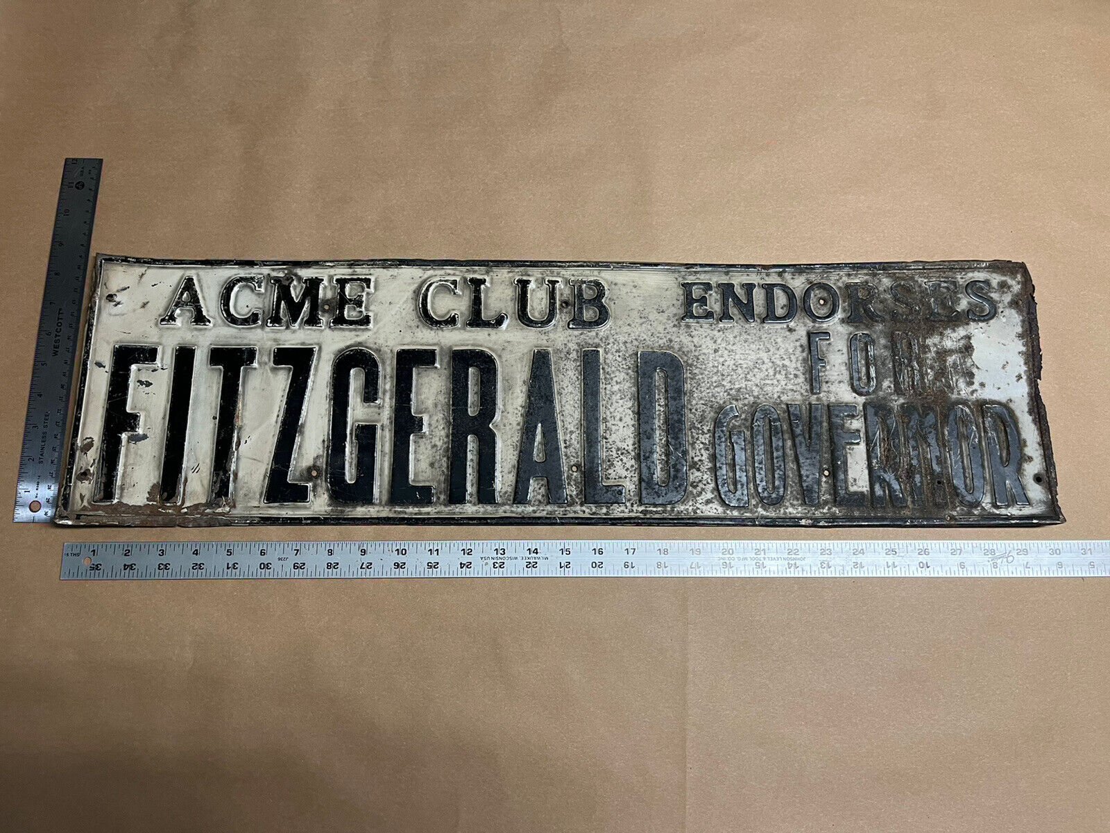 Political Campaign Embossed Sign Acme Club Fitzgerald Governor Street Sign
