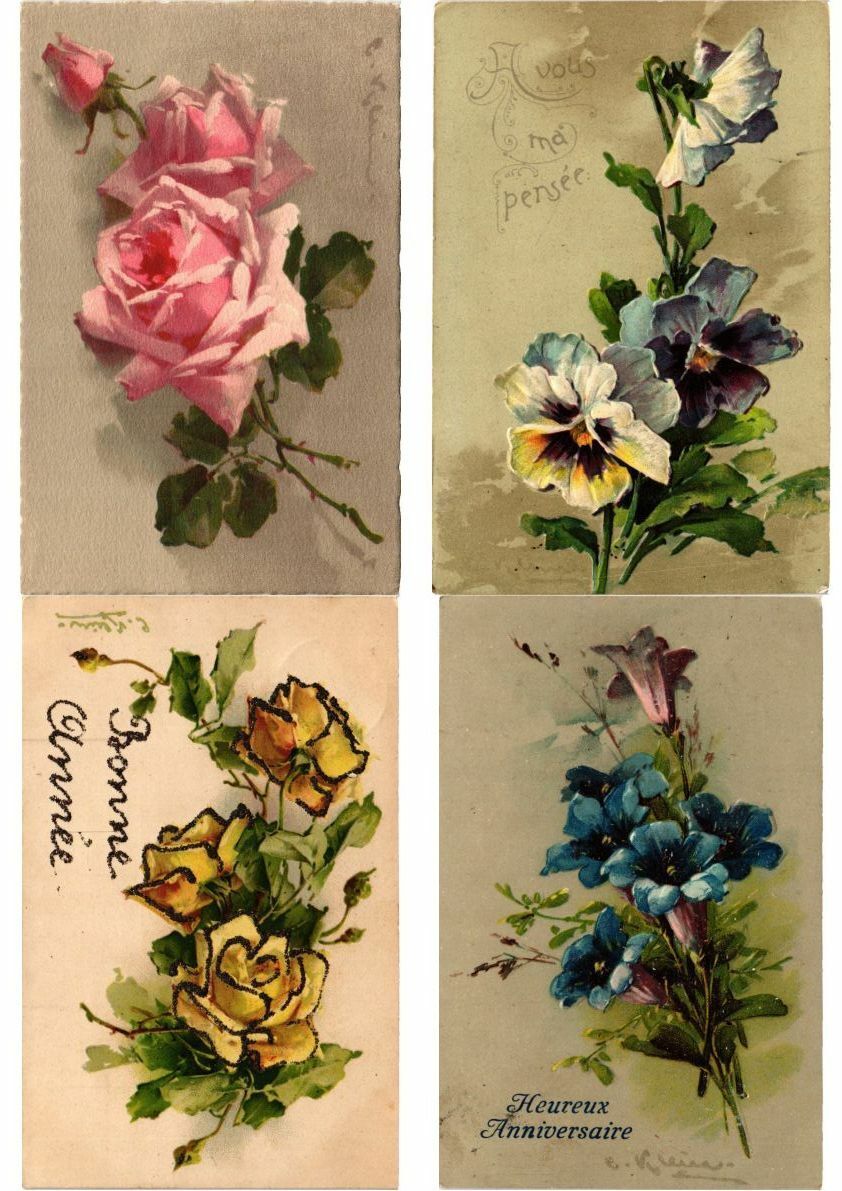 C.KLEIN FLOWERS, FRUITS, 44 VINTAGE ARTIST SIGNED GREETING POSTCARDS (L6142)