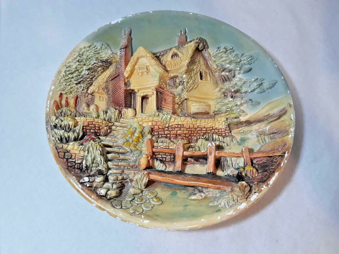 Vintage Ideal Chalkware Cottage 3D Art Wall Plaque Plate E W Usher ~ Prop ~ 