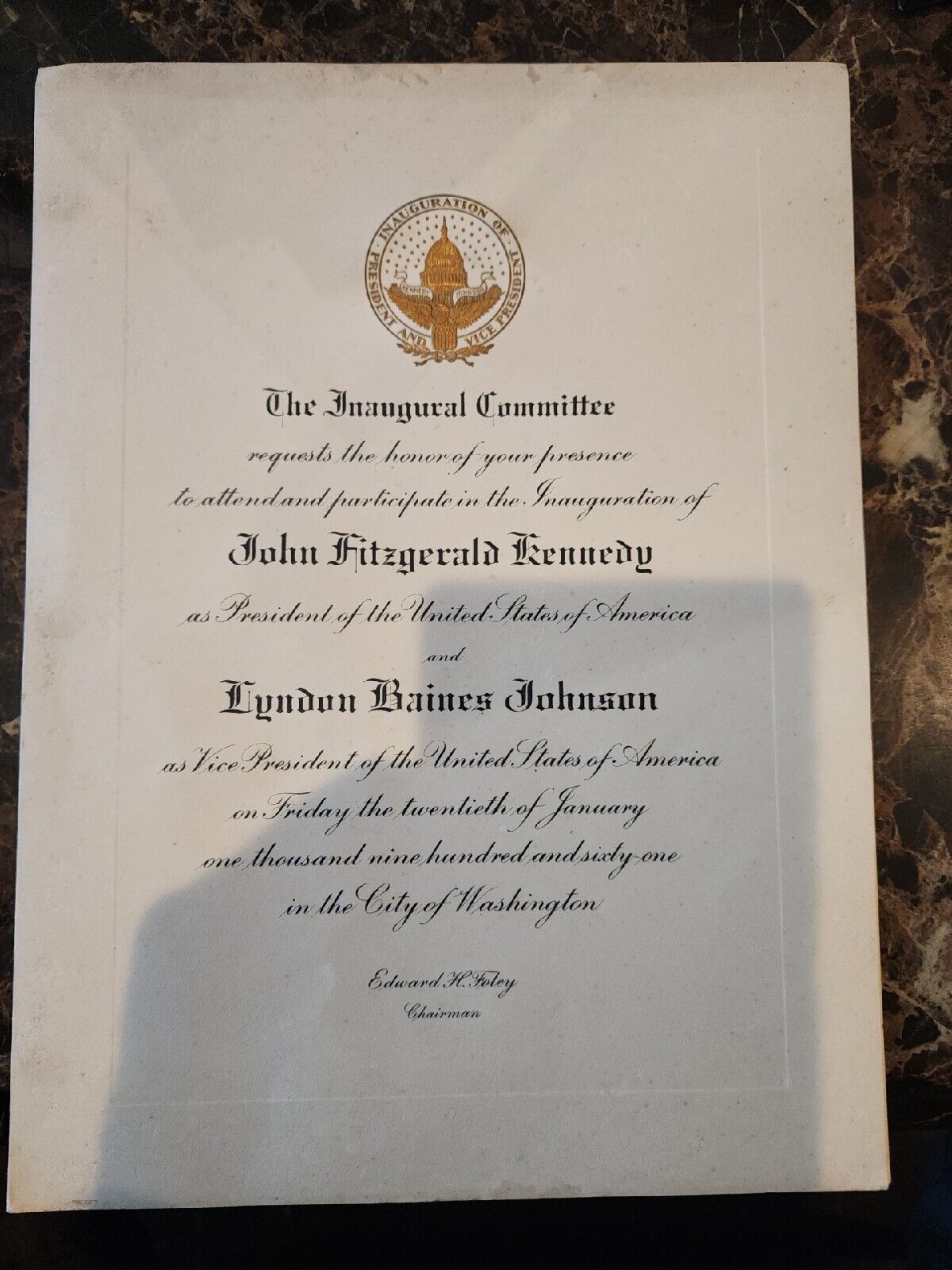 Original Inauguration invitation for John F Kennedy 1961