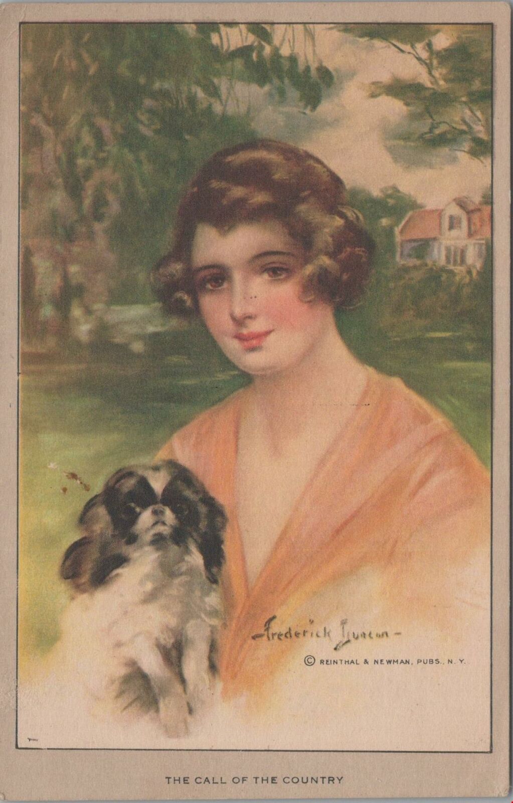 Artist Signed Postcard Woman Little Dog The Call of the Country 
