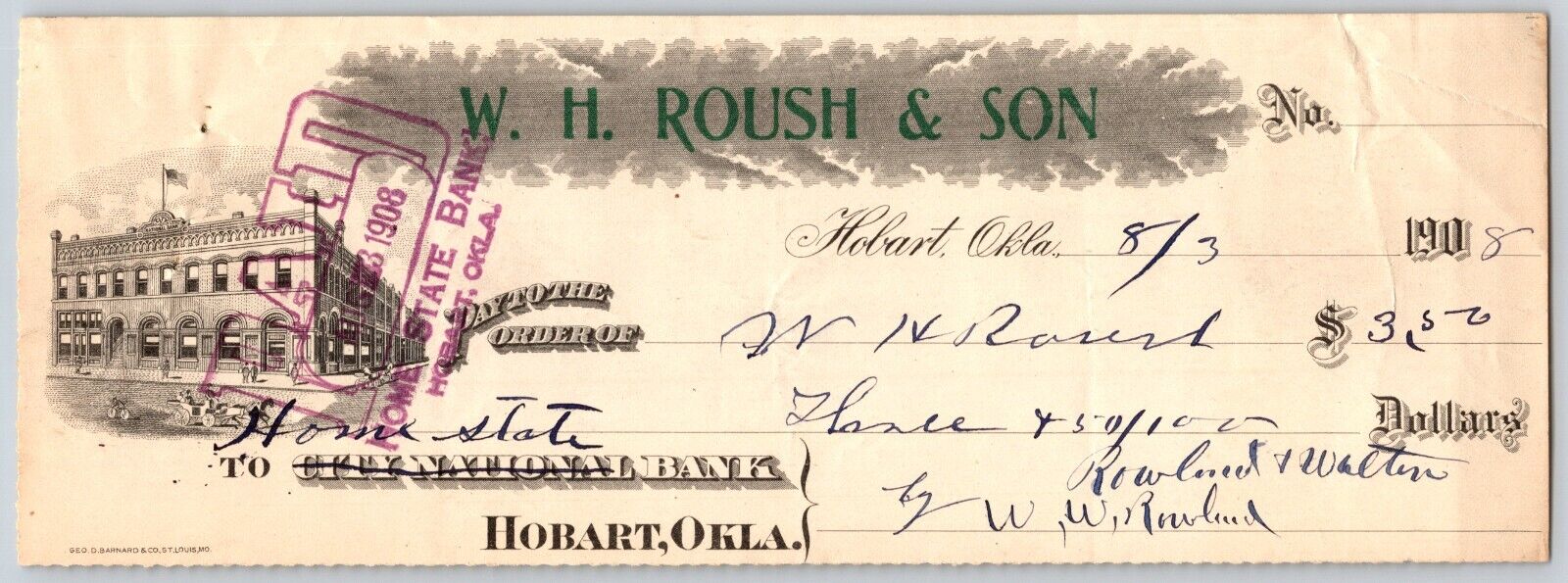 Hobart Oklahoma 1908 W.H. Rouch & Son Bank Check - Scarce