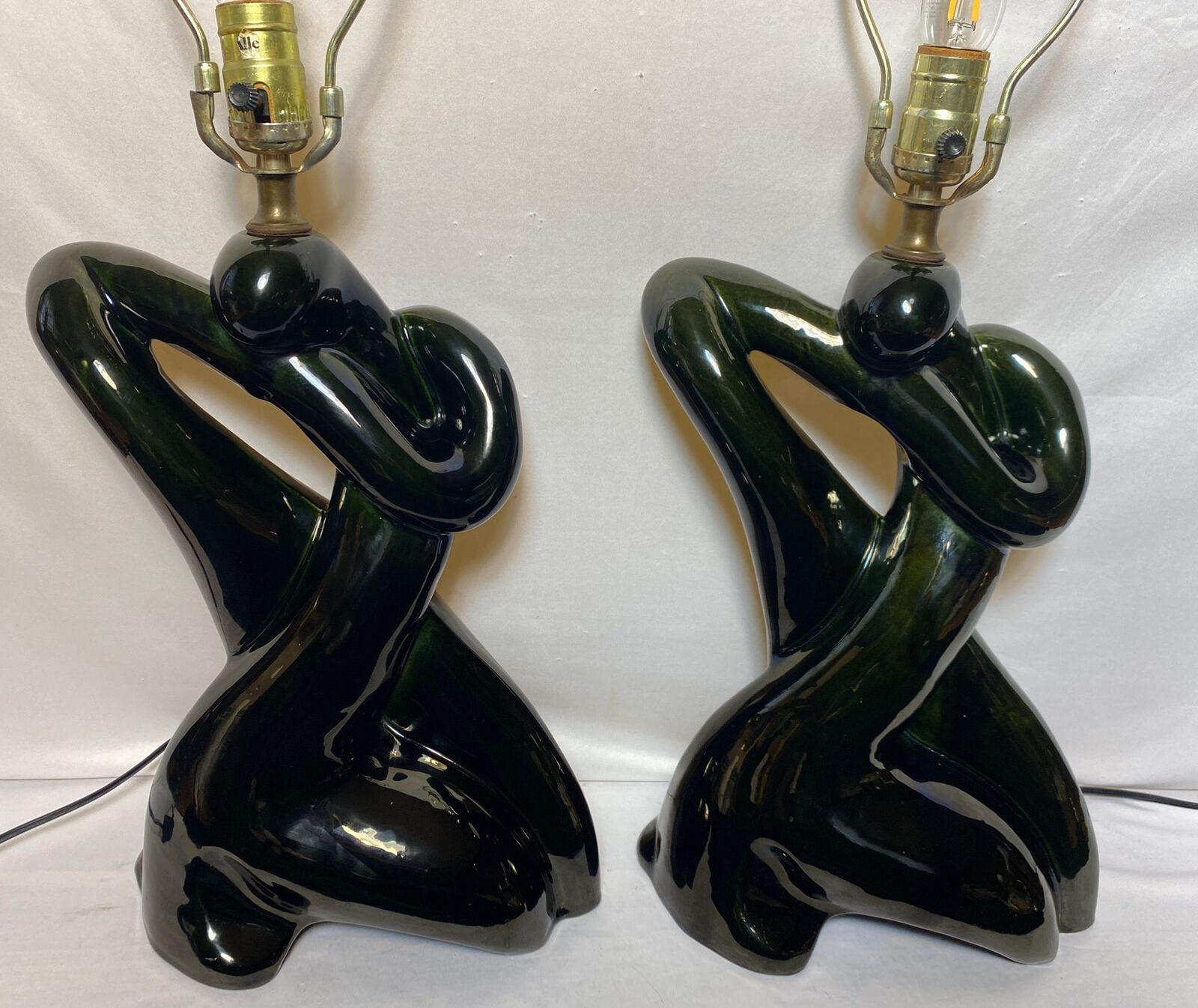 Vintage Pair of Mid Century Ceramic Table Lamps Abstract Freeform Green Black