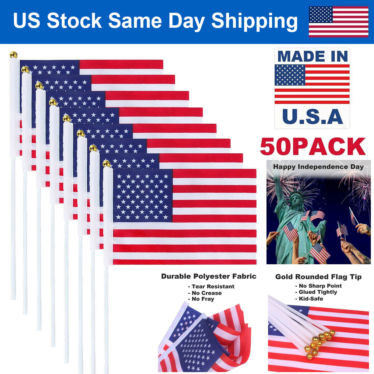 50PCS Small American Flags 5x8