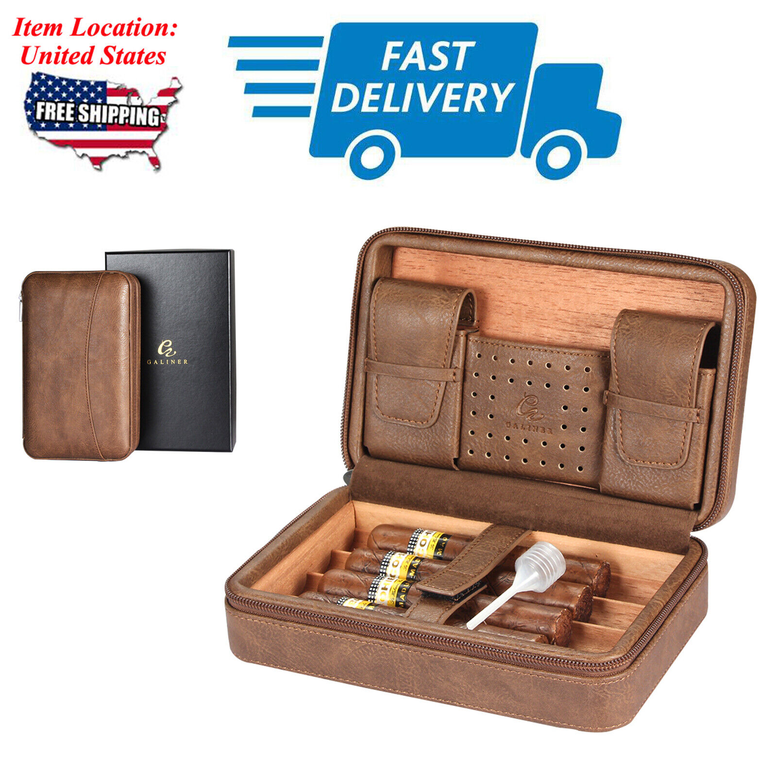 Galiner Travel Leather Cigar Humidor Case Cedar Lined Hold 4ct W/ Gift Box Brown