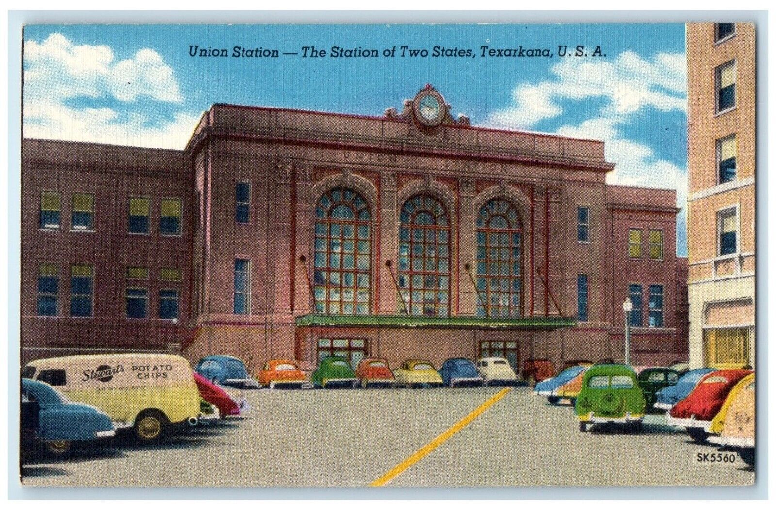 c1950\'s Union Station The Station Of Two States Texarkana USA Cars Postcard