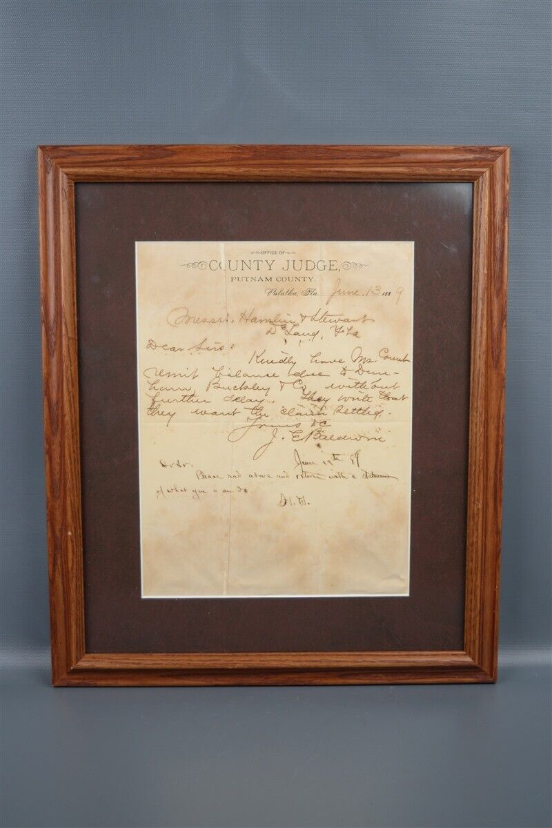Antique Palatka Florida Historical Letter 1889 Judge J.E. Baldwin Putnam County 