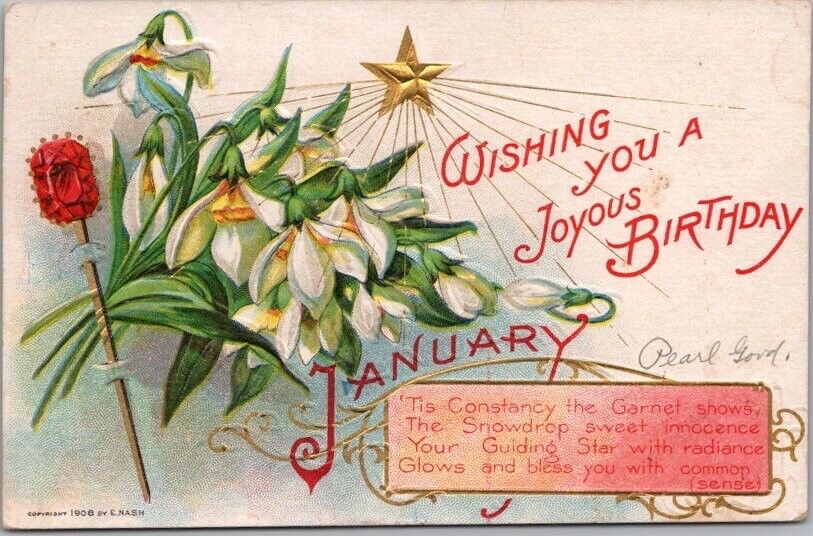 1910 JANUARY BIRTHDAY Postcard GARNET Stone / SNOWDROP Flower *Writing on Front