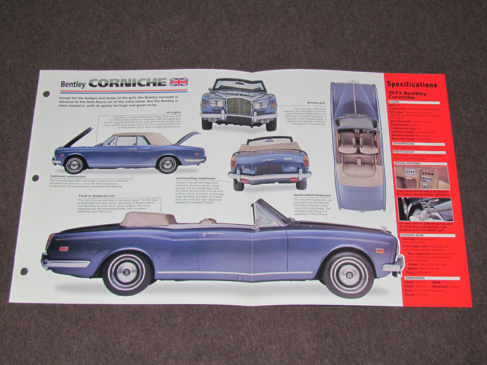 1971-1984 BENTLEY CORNICHE 1973 Car SPEC SHEET BROCHURE PHOTO BOOKLET