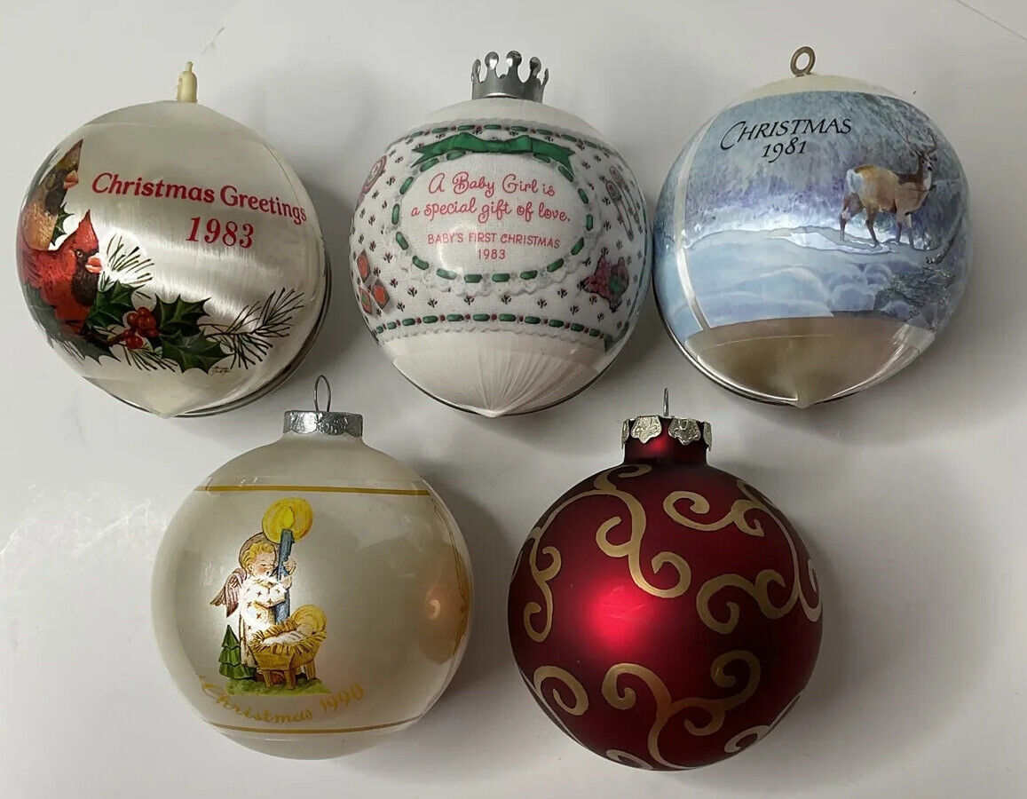 Vintage Satin Glass Christmas Ornaments 1980s 3 Plastic Satin Covered & 2 Glass