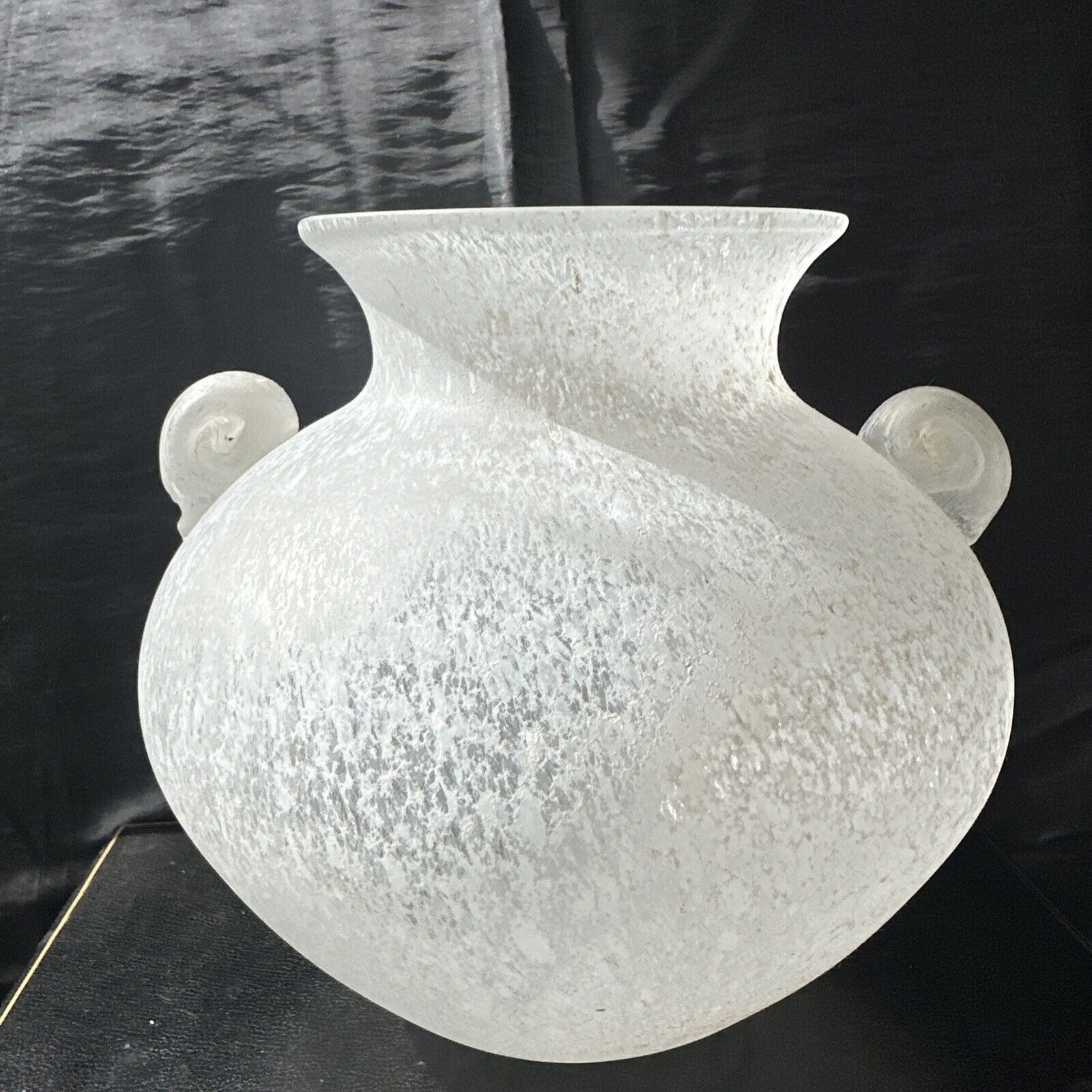 Vintage 1950’s Murano White Scavo Art Glass Vase With Handles