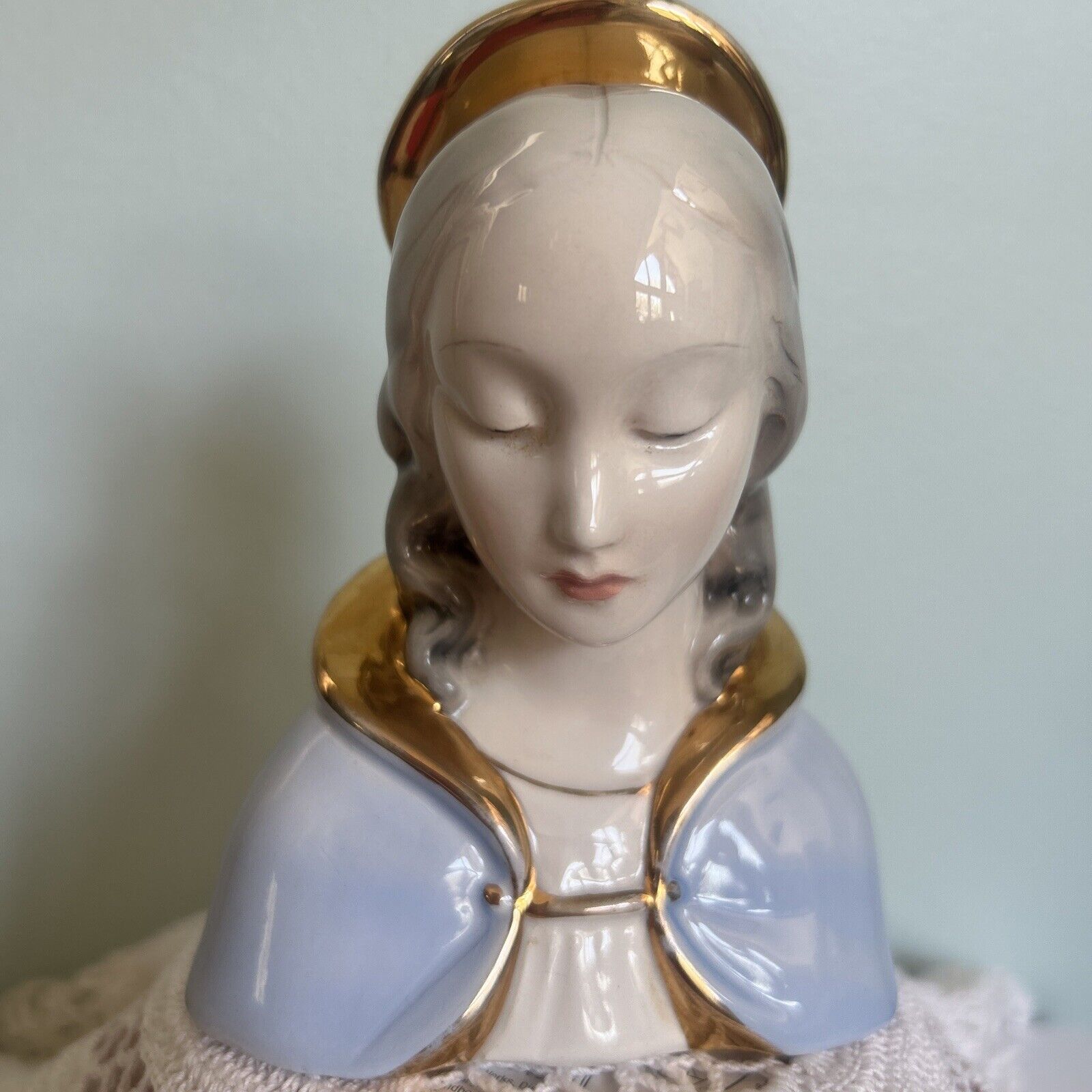 MADE IN ITALY CERAMIC MADONNA VIRGIN MARY WITH HALO WHITE BLUE GOLD BUST
