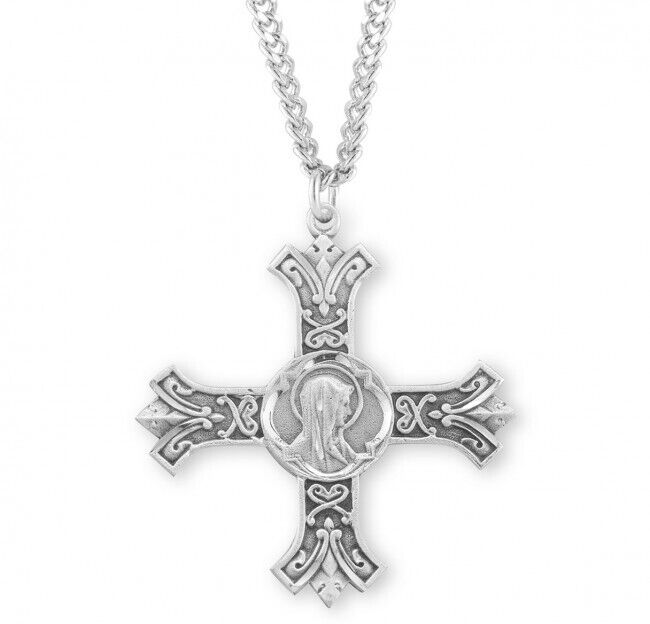 Sterling Silver Cross Pendant with Sorrowful Mother Madonna Center 1.7In x 1.6In