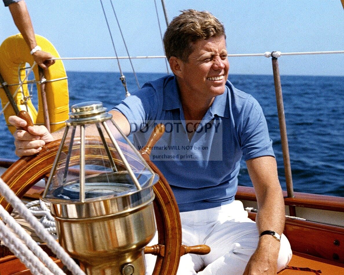 PRESIDENT JOHN F. KENNEDY ON THE USGS BOAT MANITOU IN 1962 - 8X10 PHOTO (AA-916)