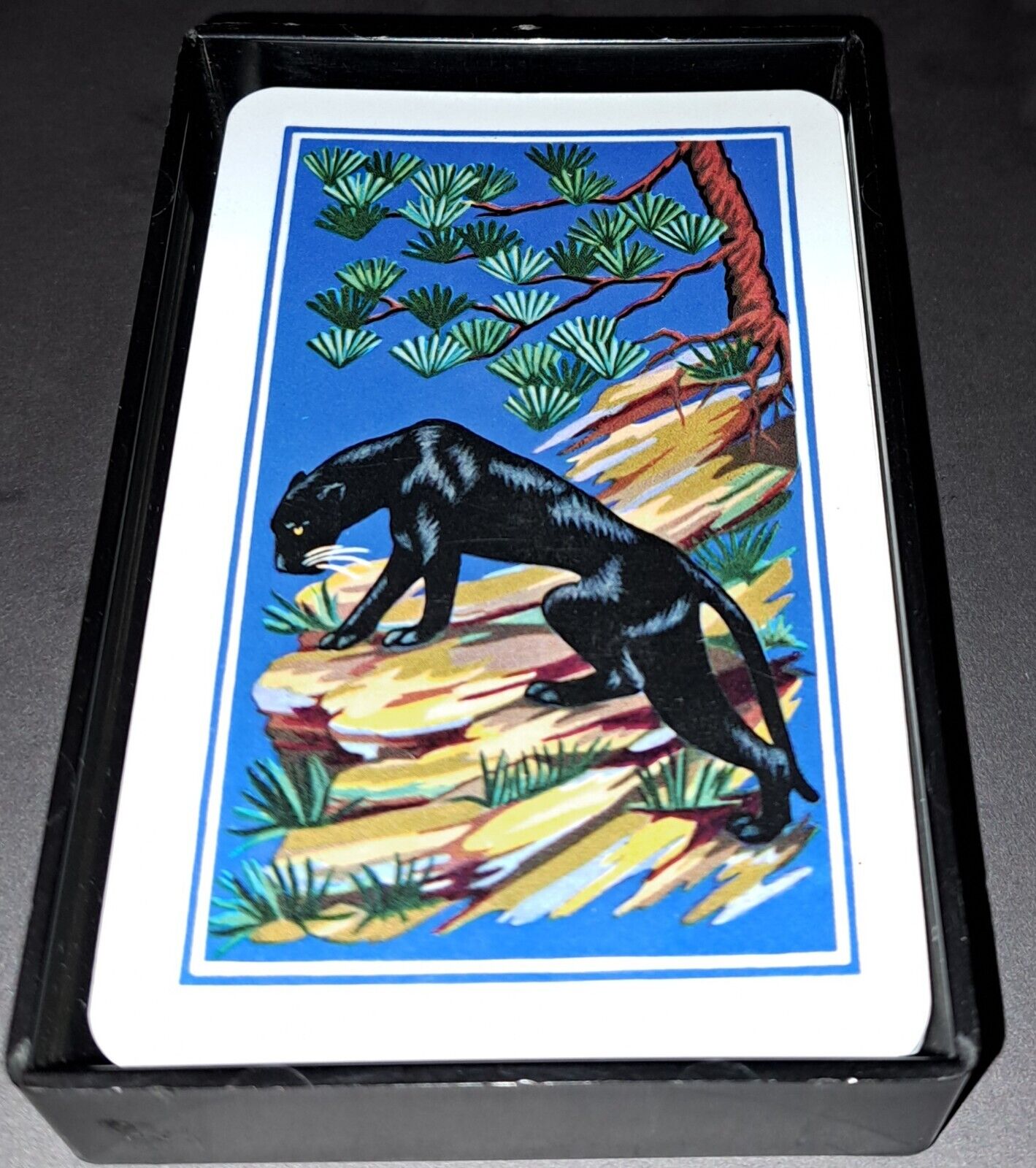 Kem Plastic Pinochle Single Deck Playing Cards Black Panther Blue 1956 Vtg