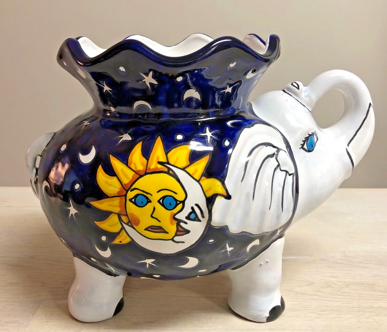 Talavera Folk Art Elephant Celestial Sun Moon Stars Planter Pot Vintage 1979