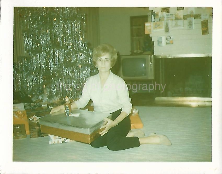 60\'s 70\'s Christmas Morning TREE WomanFOUND PHOTO Color Snapshot VINTAGE 03 17 V