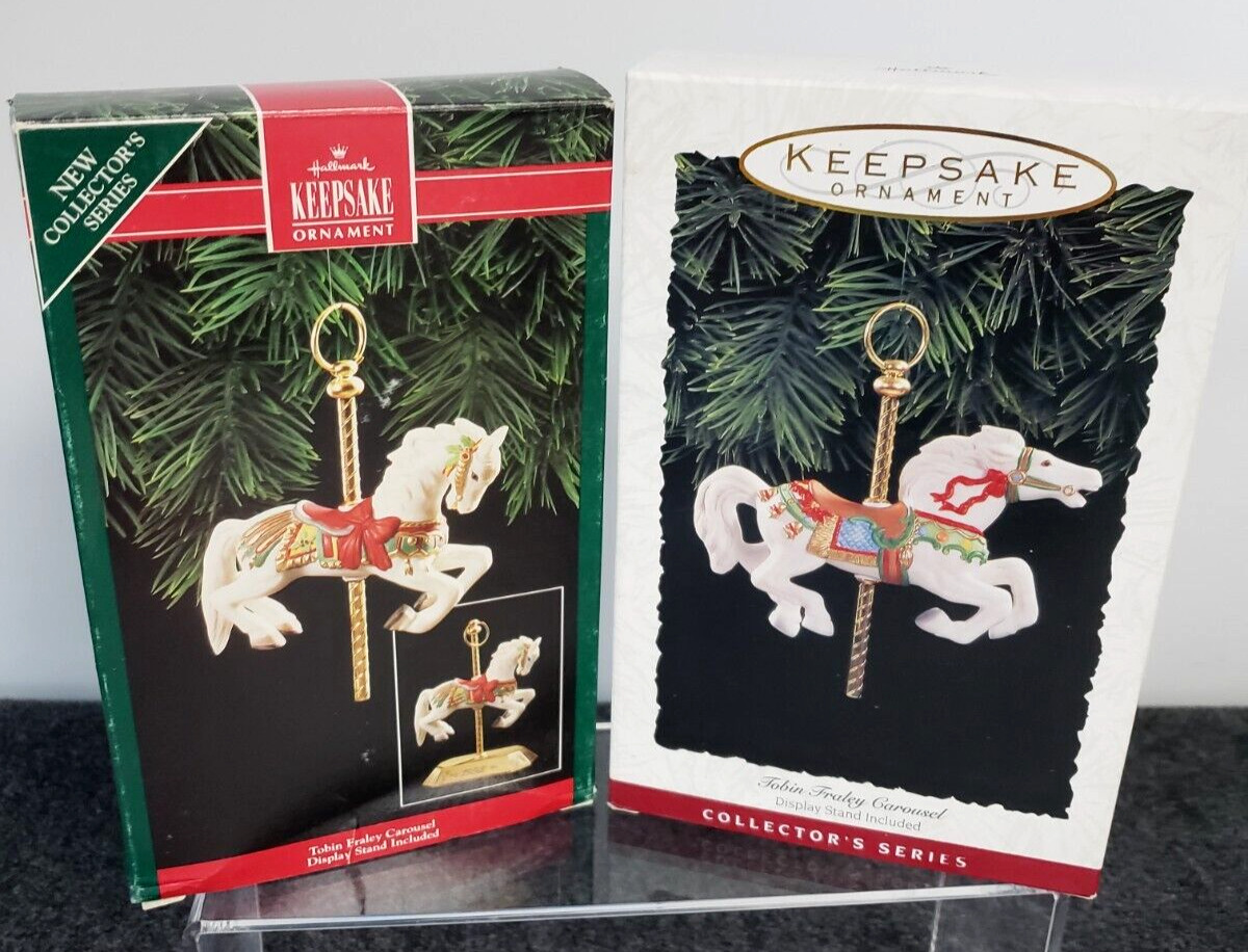 2 Hallmark Tobin Fraley Carousel Christmas Ornaments Keepsake with display stand