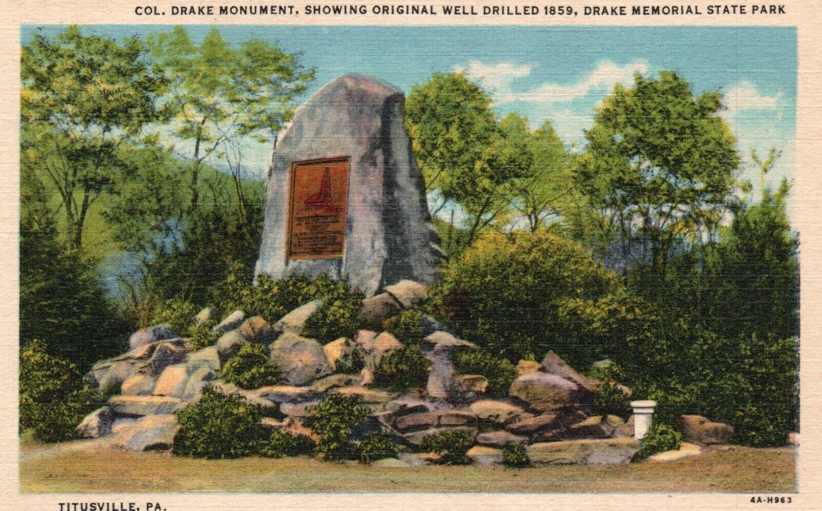 Titusville, PA, Col. Drake Monument, Original Well, Linen Vintage Postcard a4091