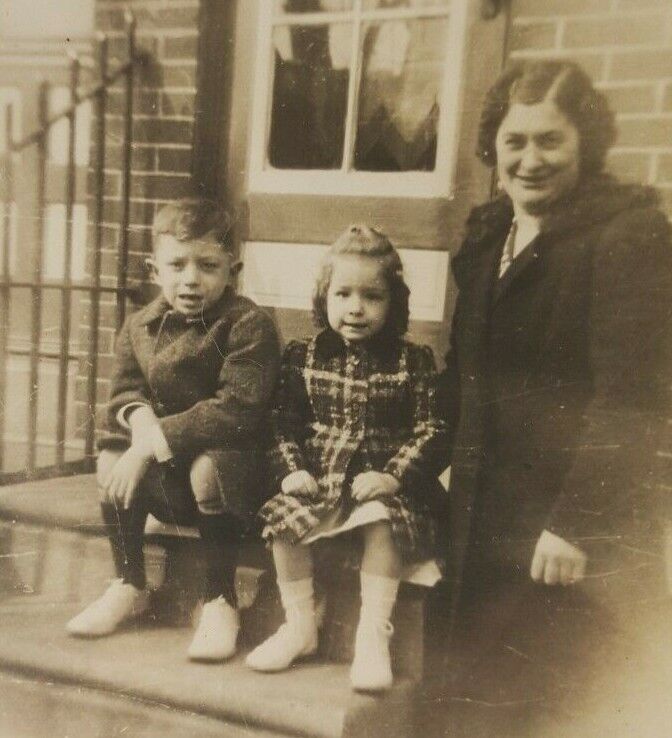 Vintage B&W 1940s Photo Lady Girl & Boy on Stoop Philadelphia Brick Row House 