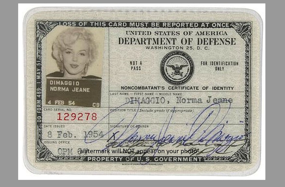 Marilyn Monroe Government ID Badge PHOTO 5x7 Card Signed Repro DOD USO Tour 1954