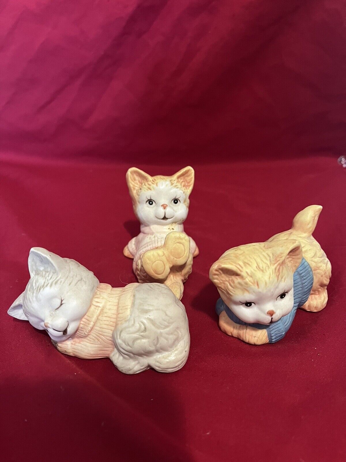 Artistic Gifts Inc.  3 piece porcelain kittens in sweaters. each ~2.5 \