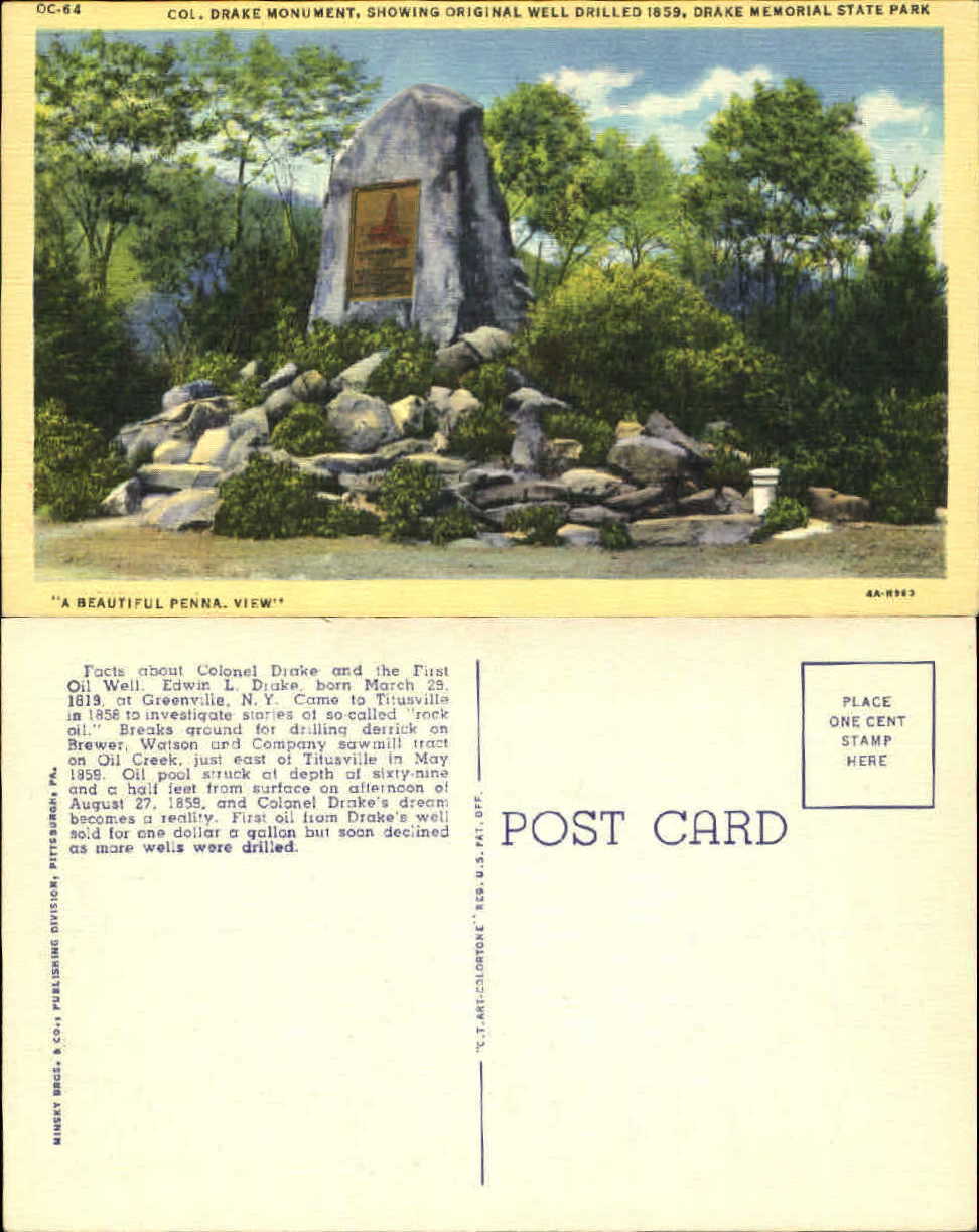Monument Colonel Drake Memorial State Park PA unused linen old postcard