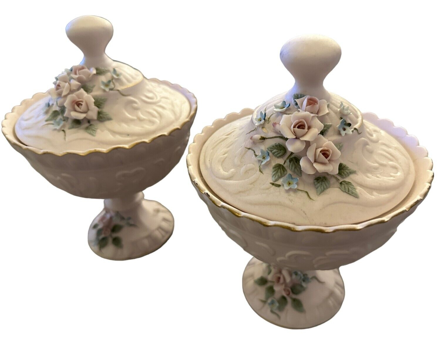Vintage Lefton | Porcelain Candy Dish | Floral Pink | Set of 2