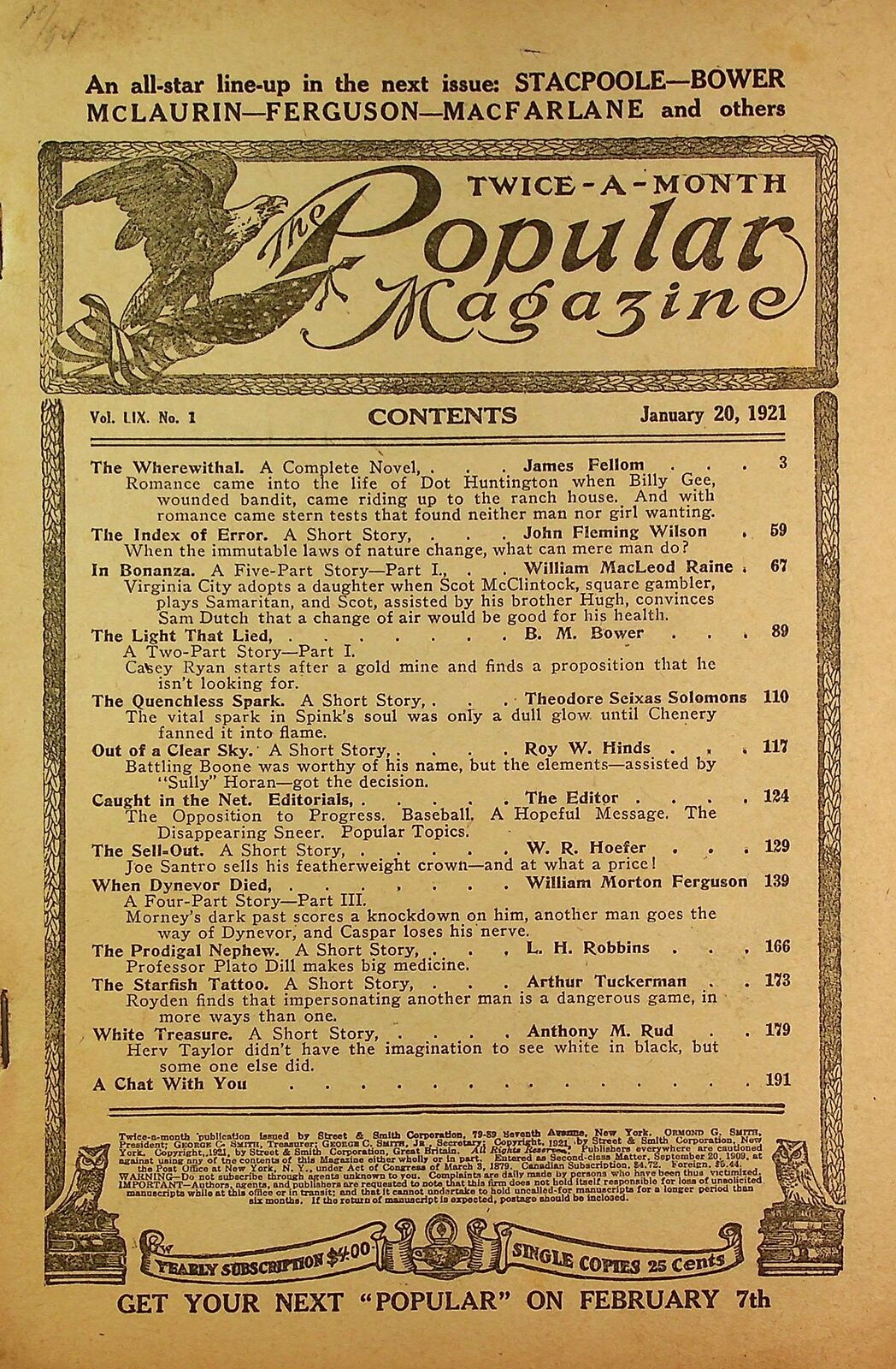 Popular Magazine Pulp Jan 20 1921 Vol. 59 #1 FR