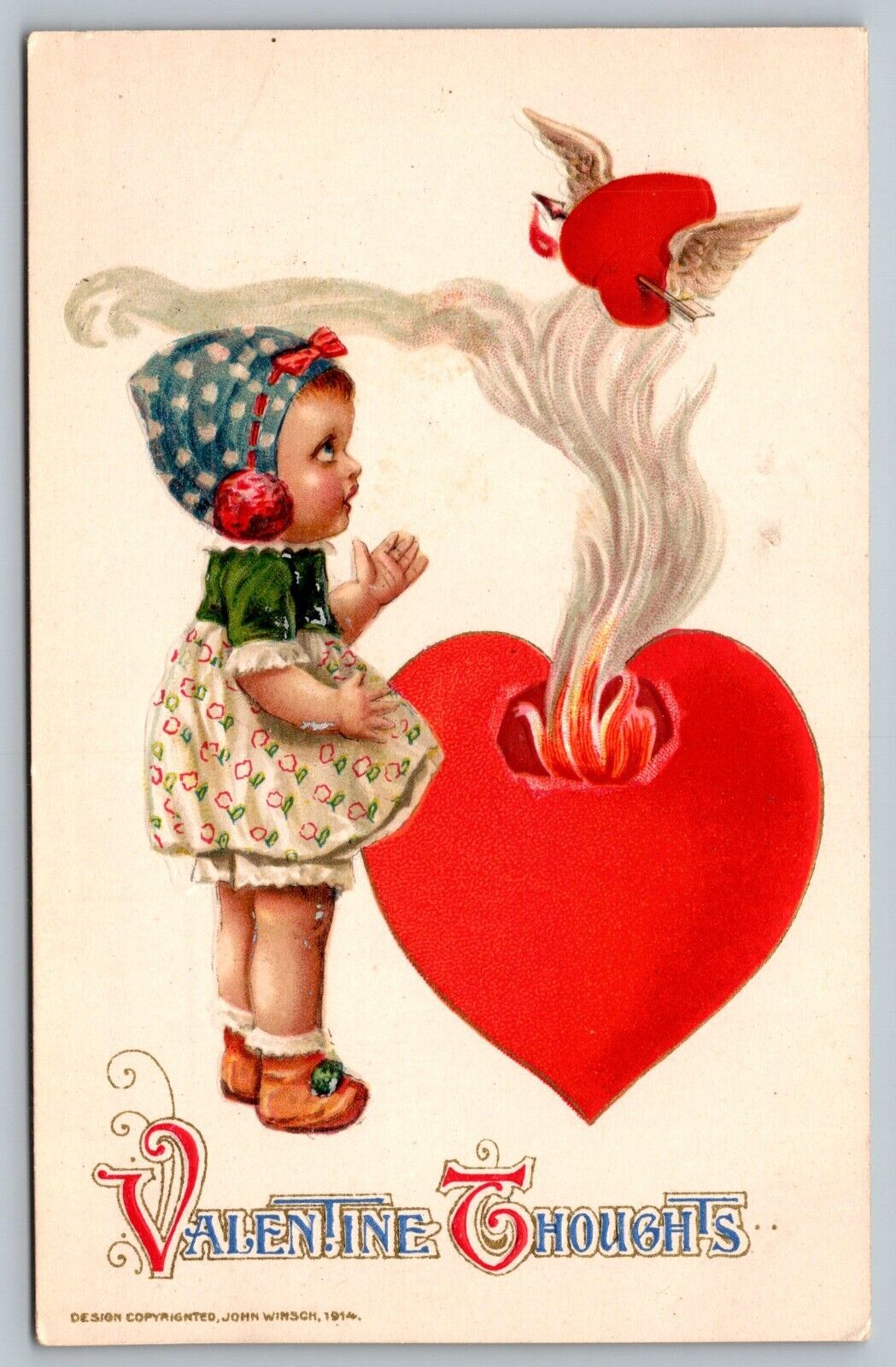 Postcard John Winsch Valentine Thoughts Flaming Heart Flying Heart Arrow 1914