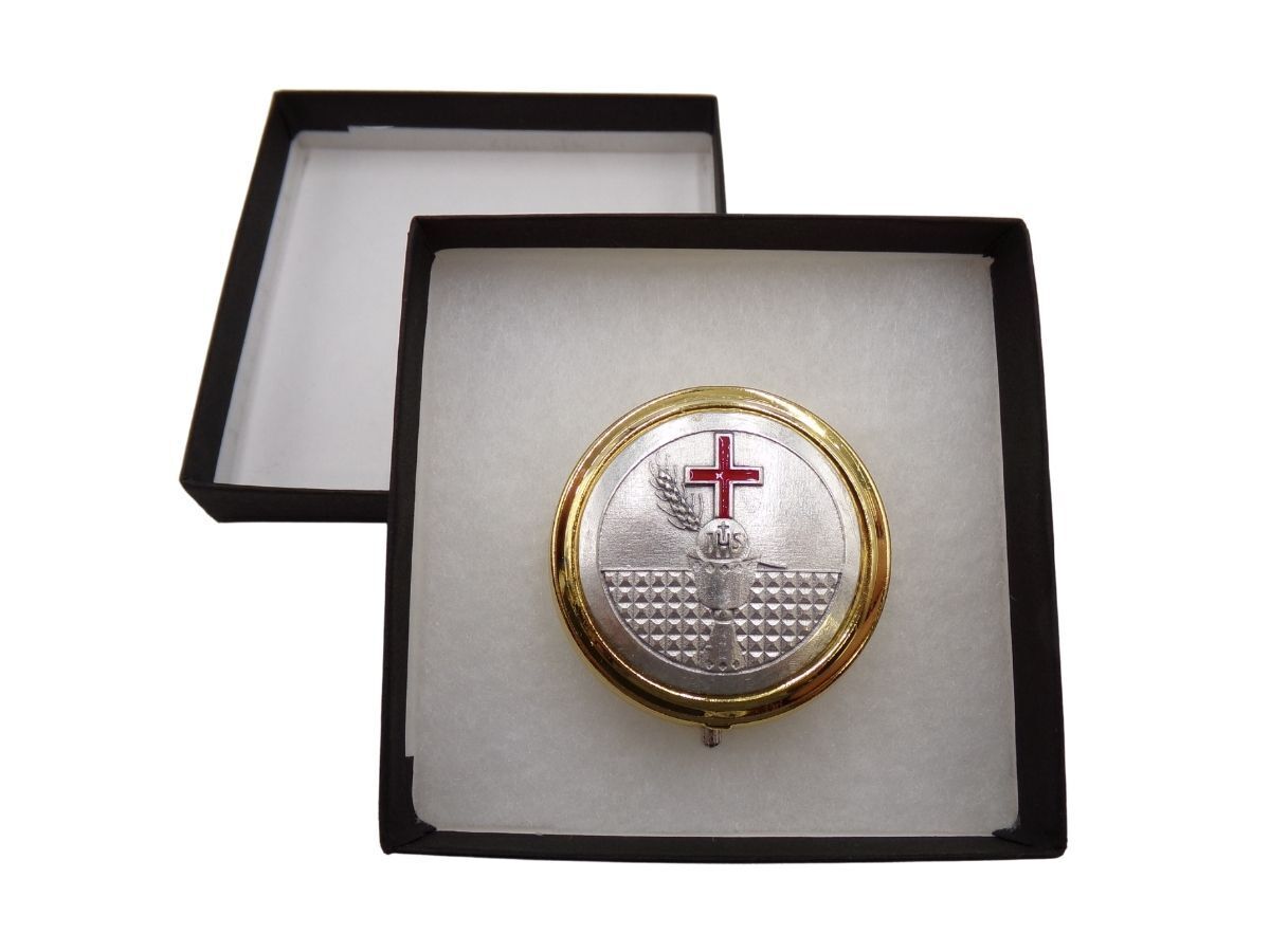 Two Toned JHS Chalice Design Red Enamel Cross Pyx With Button Clasp 2 Inch