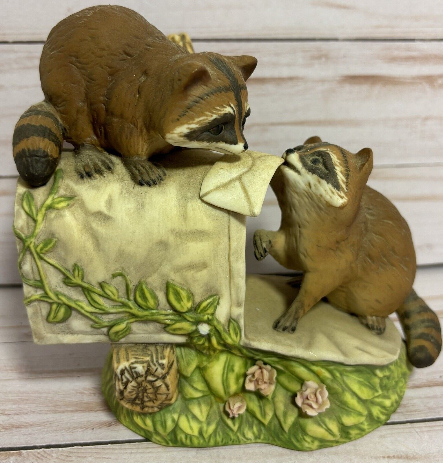 Vintage Homco Masterpiece Porcelain Raccoons and Mailbox Figurine 1987