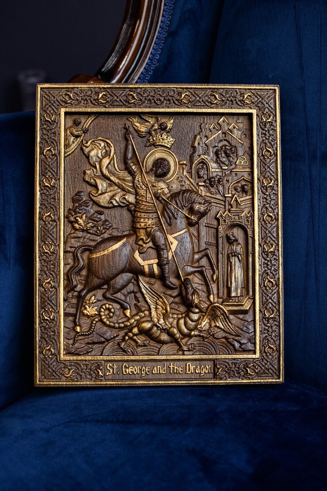 SAINT GEORGE WITHA DRAGON WOOD CARVED ICON RELIGIOUS GIFT WALL HANGING ART WORK