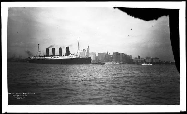 Manhattan NY the SS Lusitania in New York Harbor against the l- 1900 Old Photo