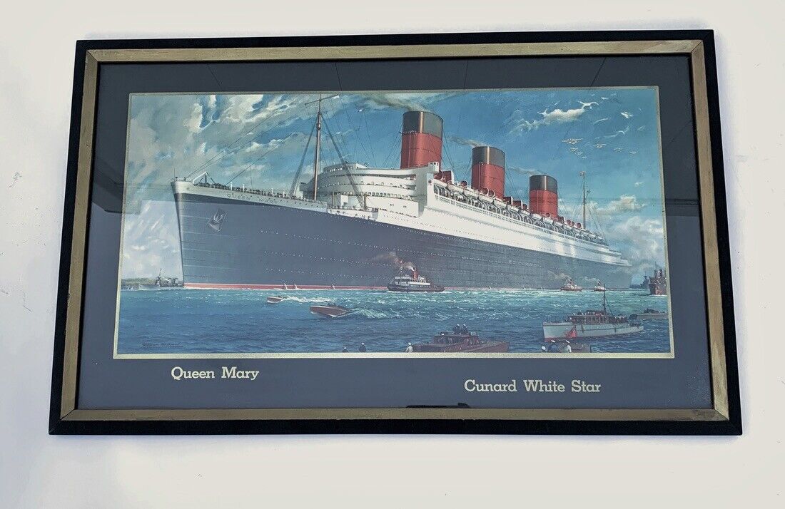 Queen Mary Cunard Line 1930s Ocean Liner Lithograph Advertising Sign Poster