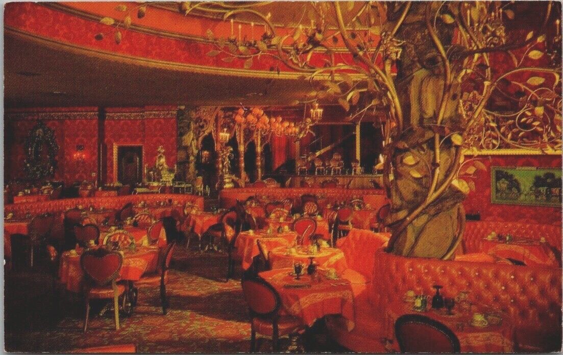 California SLO Madonna Inn Dining Room Gold Leaf Copper Tree Light Postcard CA