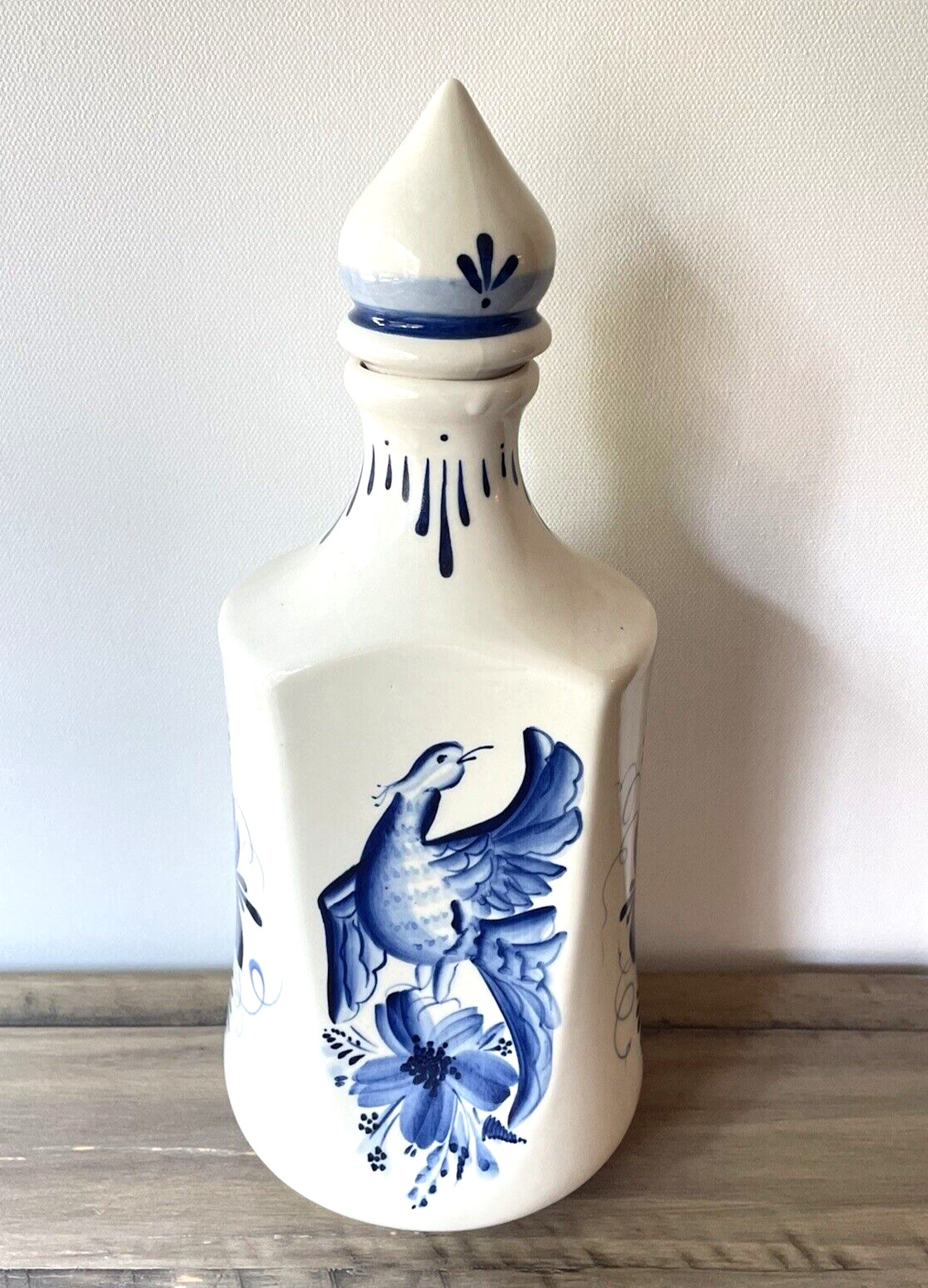 Vintage Ceramic Hand Painted Bottle Cobalt Blue and White Bird Floral Signed