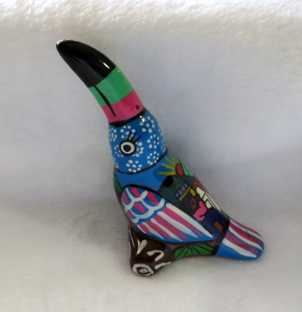 Mexico Hand Painted & Signed Tera Cotta High Gloss Pottery Small Toucan Figurine