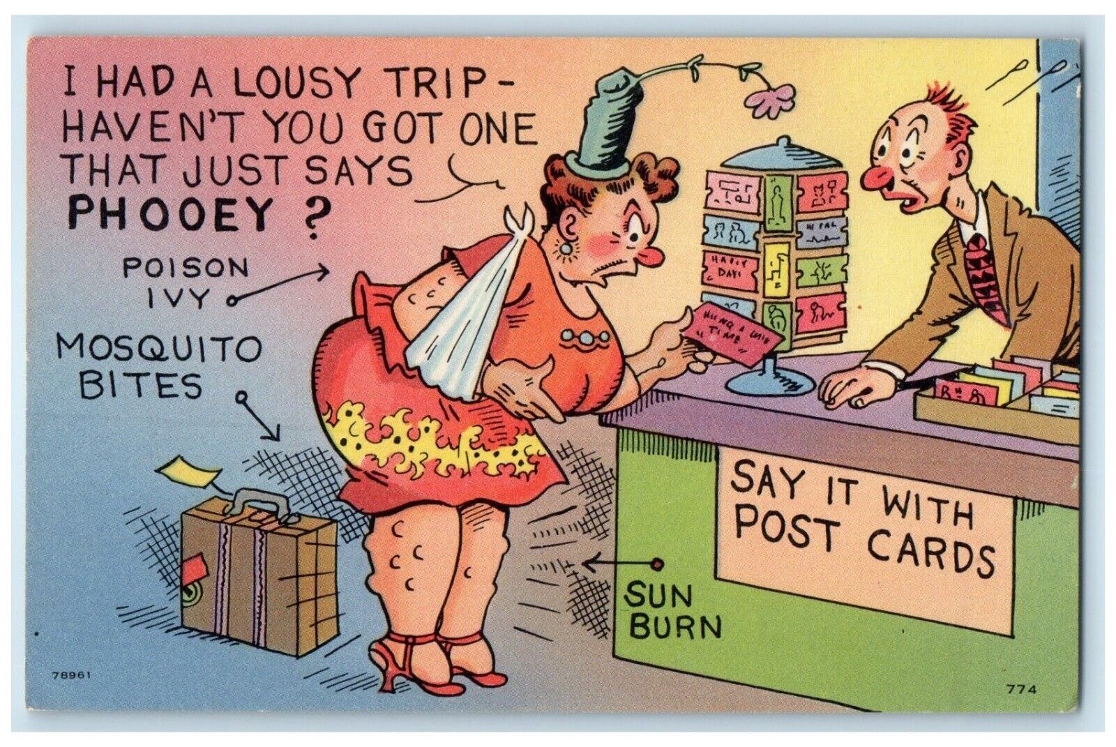 c1930\'s Fat Woman Rack Seller Postcard Shop Phooey Poison Ivy Vintage Postcard