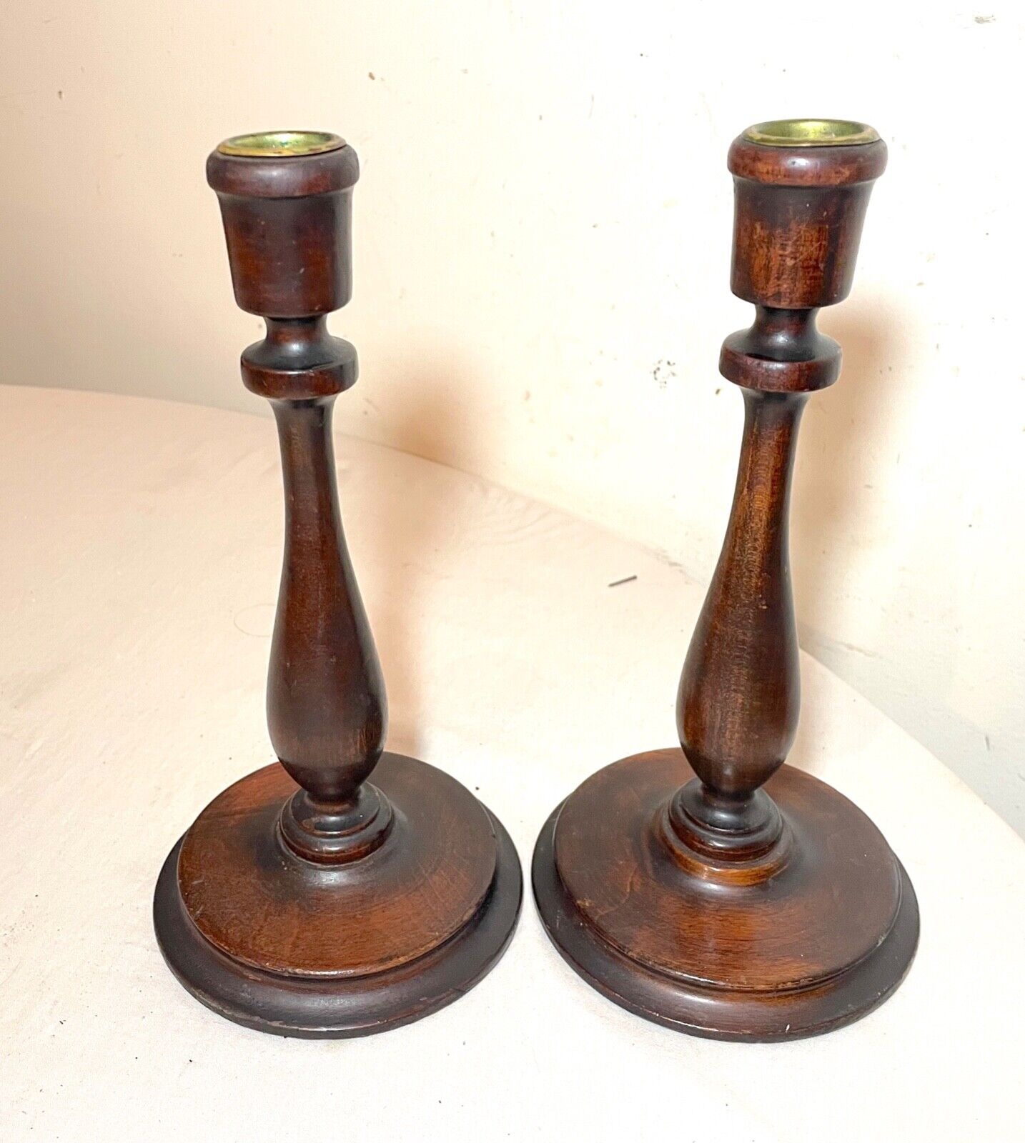 pair antique 19th century turned English wood brass candlesticks candle holders